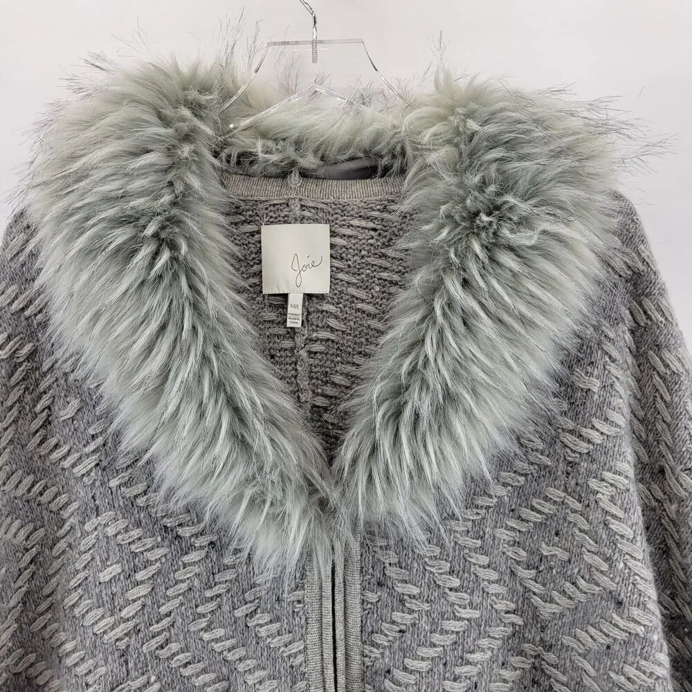 Joie Poncho Womens Medium Large Wool Yak Faux Fur Collar Gray Chunky Knit Zipper